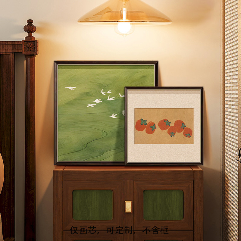 Korean Arts And Lifestyle - โปสเตอร์ผ้าใบลายลูกพลับสไตล์วินเทจ ภาพวาดนำโชคสไตล์จีน ภาพทิวทัศน์สีเขียวย้อนยุค ภาพนกมงคล ศิลปะตกแต่งห้องรับประทานอาหาร ของตกแต่งบ้าน