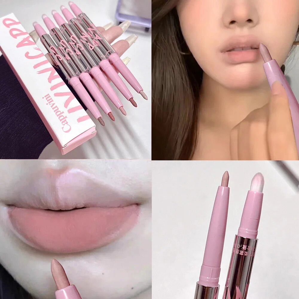 Lip Tint Korean - ลิปไลเนอร์สีนู้ดพร้อมแปรงทาปาก cappuvini ลิปสติกเนื้อแมทกำมะหยี่ยาวแต่งหน้าสไตล์เกาหลี